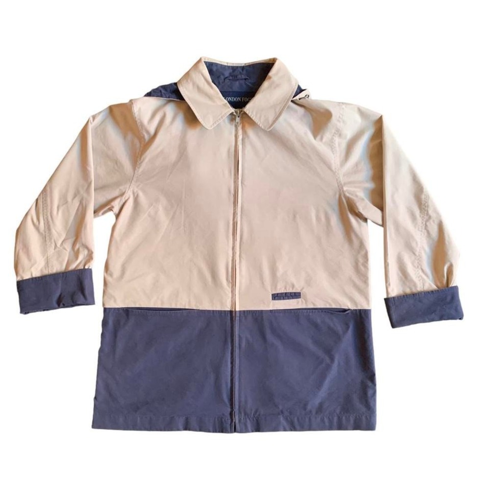 Vintage 90s London Fog Windbreaker Men's Size Medium Tan Navy Colorblock Hooded